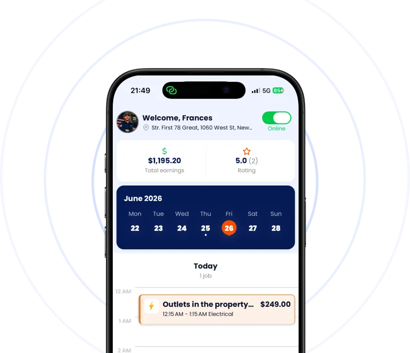 GatU Business App dashboard with earnings, rating, and job schedule
