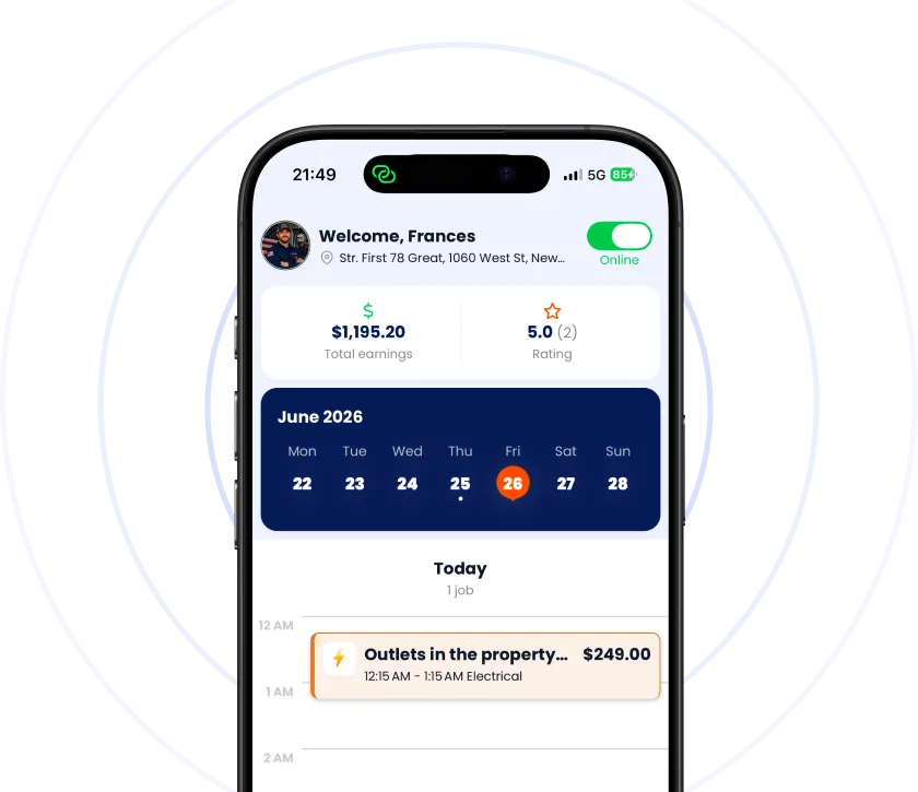 GatU Business App dashboard with earnings, rating, and job schedule